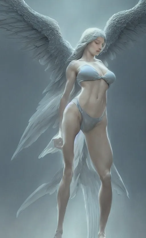 Prompt: female angel, standing, soft grey and blue natural light, intricate, digital painting, artstation, concept art, smooth, sharp focus, illustration, art by greg rutkowski and luis rollo and uang guangjian and gil elvgren, symmetry!