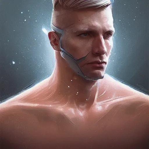 Image similar to portrait of a man by greg rutkowski, he is about 3 0 years old, short blond hair, athletic and strong, straight jaw, looking puzzled, wearing futuristic space gear, highly detailed portrait, digital painting, artstation, concept art, smooth, sharp foccus ilustration, artstation hq.