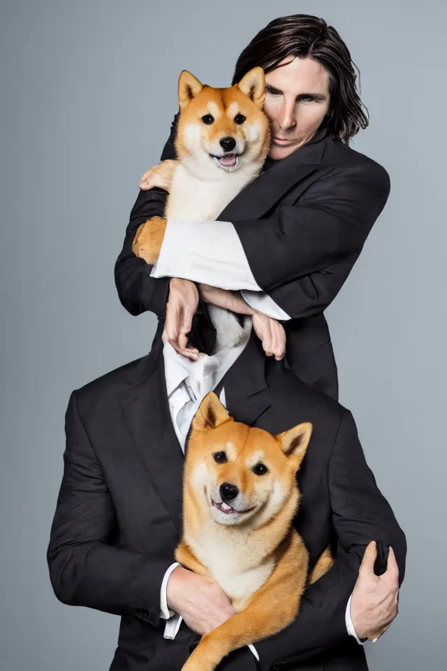 Prompt: a highly detailed portrait of a cleanly - shaven christian bale in a suit with slicked back hair, holding a shiba inu in his arms, hyperrealistic, highly detailed, 8 k, canon 2 4 mm f / 1. 4 lens,