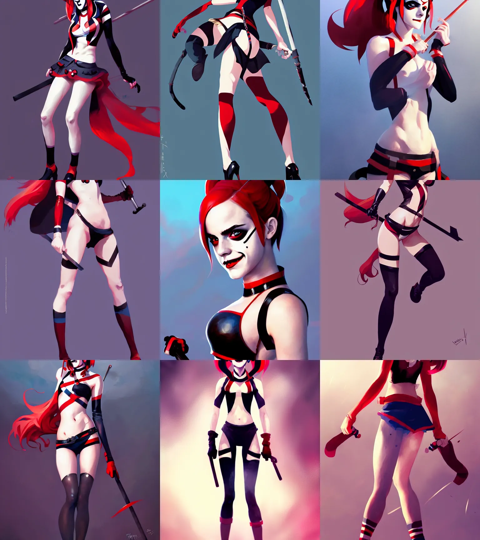 Prompt: attractive Emma Watson as Harley Quinn and Matoi Ryuko, hourglass slim figure, full body shot close up, seductive smile, details, sharp focus, illustration, by Jordan Grimmer and greg rutkowski, Trending artstation, pixiv, digital Art