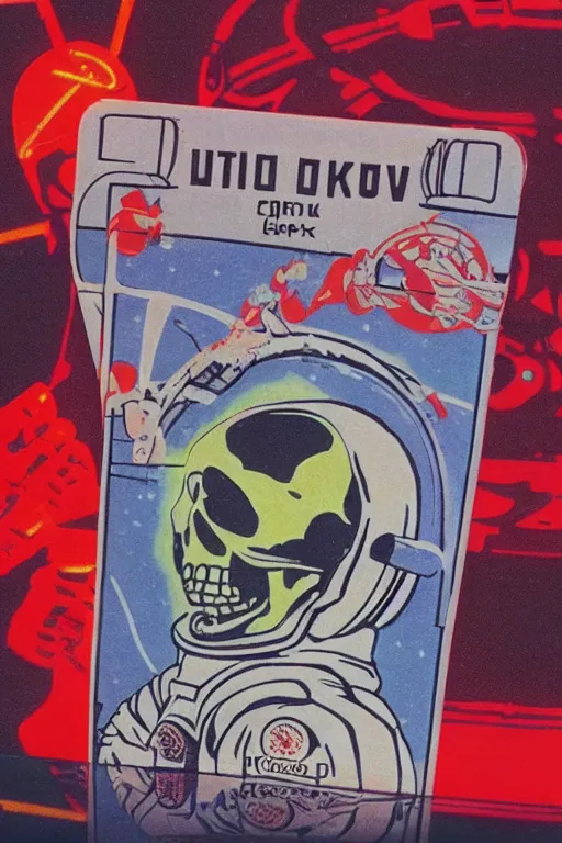 Image similar to soviet playing card, astronaut with neon glowing skull 1 9 6 0 s color _ bleed _ video compression video glitch vhs footage akira kurosawa mamoru oshii wes anderson
