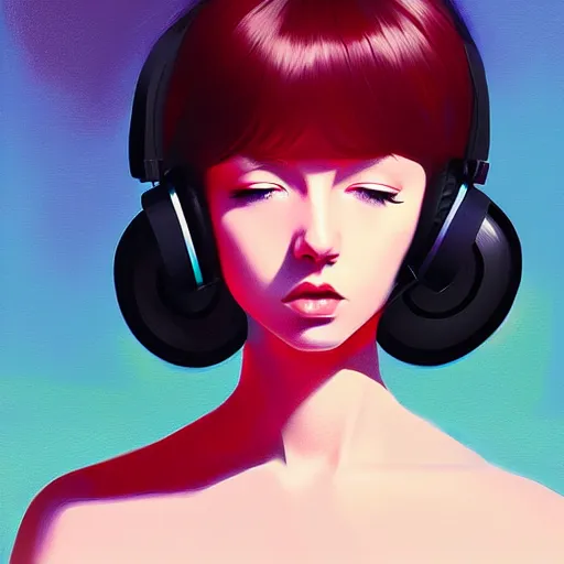 Image similar to a woman with headphones on, digital painting masterpiece, by ilya kuvshinov and rockin'jelly bean