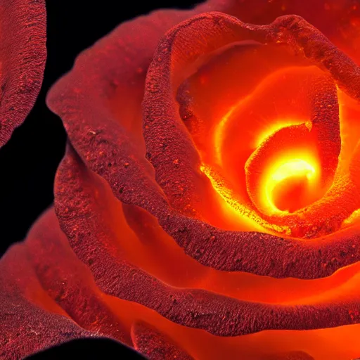 Image similar to award - winning macro of a beautiful magma rose made of glowing molten lava, inner glow, magma texture