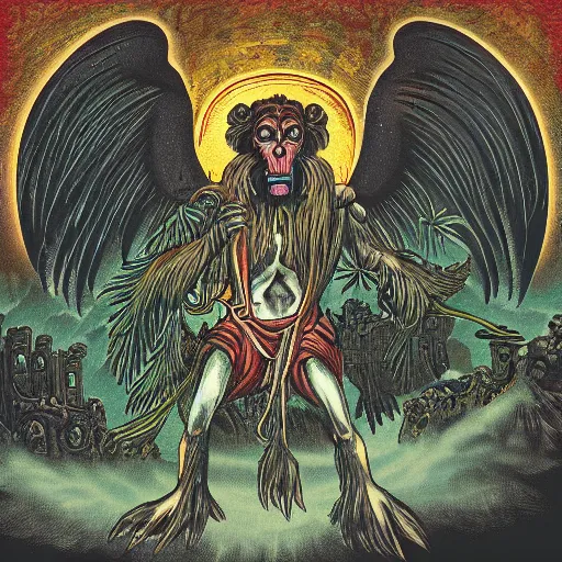 Image similar to mandrill descending from heaven, in the style of deathspell omega's fas album cover, illustration, detailed