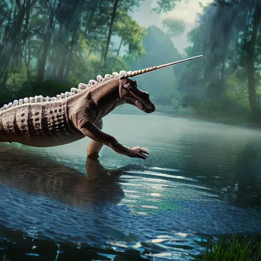 Prompt: a digital painting of a unicorn writing an alligator like a man rides a horse, studio cgi, unreal engine 5