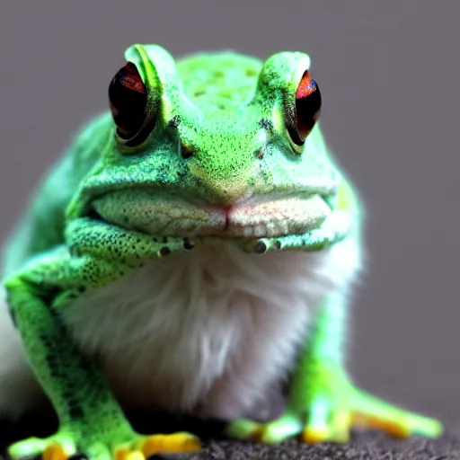 Prompt: photo of hybrid between an angora rabbit and a frog toad