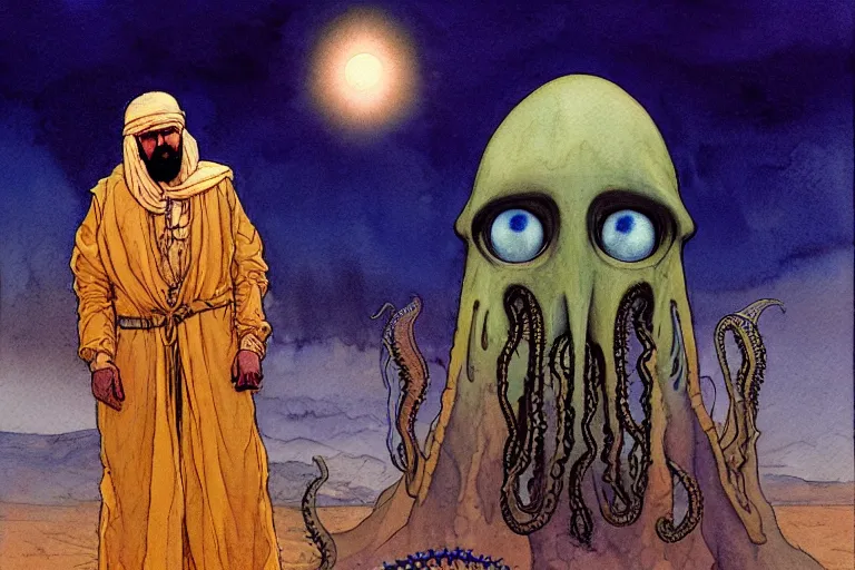 Image similar to a hyperrealist watercolour character concept art portrait of a middle eastern merchant keeling down in prayer in front of a lovecraftian alien with 1 2 eyes on a misty night in the desert. a ufo is in the background. by rebecca guay, michael kaluta, charles vess and jean moebius giraud