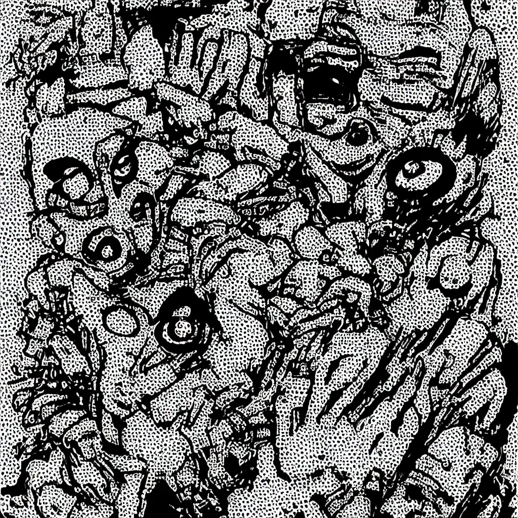 Image similar to faceless human figures, kazuo umezu artwork, jet set radio artwork, stripes, tense, space, skimask, balaclava, ominous, minimal, cybernetic, cowl, dots, stipples, lines, hashing, thumbprint, dark, eerie, circuit board, crosswalks, guts, folds, tearing, painting