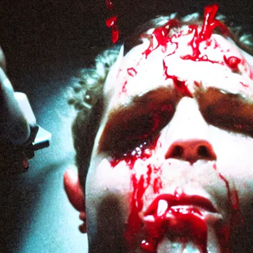 Prompt: filmic extreme wide shot dutch angle movie still 35mm film color photograph of a doctor getting his head sliced clean in half, dripping blood, in the style of an intense nightmarish realistic very disturbing extreme horror film