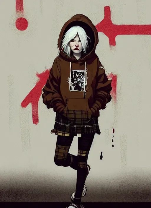 Image similar to highly detailed portrait of a sewer punk canadian lady, tartan hoody, white hair by atey ghailan, by greg rutkowski, by greg tocchini, by james gilleard, by joe fenton, by kaethe butcher, gradient red, brown, blonde cream and white color scheme, grunge aesthetic!!! ( ( graffiti tag wall background ) )