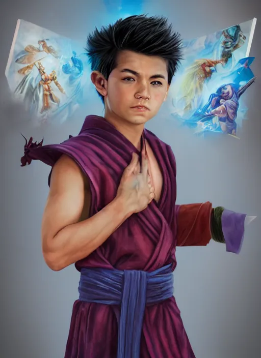 Image similar to An epic fantasy comic book style portrait painting of a young boy with straight indigo hair, purple eyes with red eye markers, slim body, wearing a detailed Japanese kimono with traits of the god Fuujin, holding a pair of fans. Unreal 5, DAZ, hyperrealistic, octane render, cosplay, RPG portrait, dynamic lighting