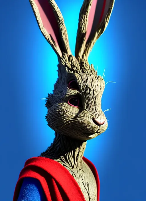 Prompt: rabbit groot as marble statue with sunglasses, blue sunglasses, in red background, cape, blue cape, soft blue texture, blue realistic 3 d render, high blue lights, 4 k, high detailed photography, 5 0 mm lens, rich blue colors, smooth gradients, depth of field, cinematic, hyper realism, high detail, octane render, unreal engine, 8 k