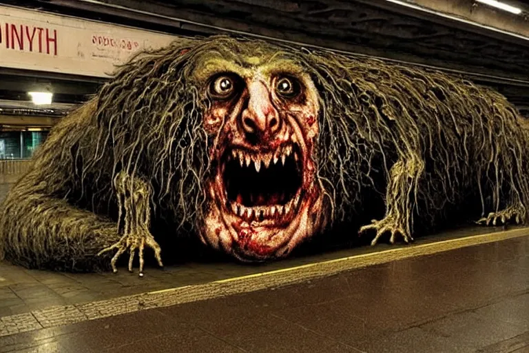 Image similar to very large giant mutant zombie irradiated ( angry rat ) staying on railways in tonnel of moscow subway. tonnel, railways, giant angry rat, furr, fangs, very realistic. extreme long shot, rusty colors, ( herman nitsch, giger ), anish kapoor.