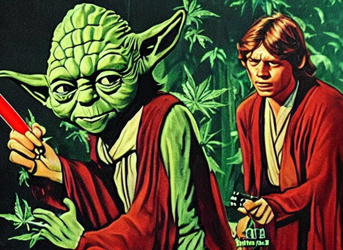 Image similar to vintage 1 9 7 7 star wars movie poster, of yoda with bloodshot eyes smoking a huge marijuana cigarette, surrounded by cannabis plants