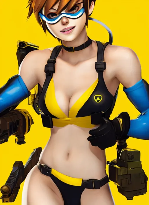 Image similar to tracer game character, in yellow bikini, blonde hair, black eyes, full height