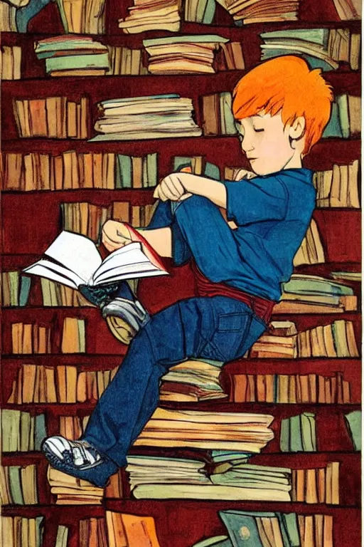 Prompt: a little boy with red hair sits cross legged on top of a tall pile of books. he is reading. clean elegant pretty cartoon painting, beautiful detailed face, storybook illustration.