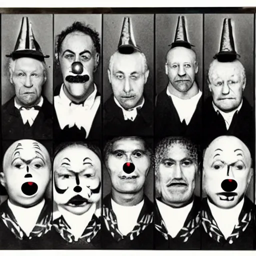 Prompt: photograph of a criminal lineup of circus clowns