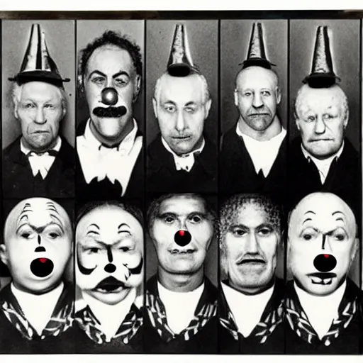 Image similar to photograph of a criminal lineup of circus clowns