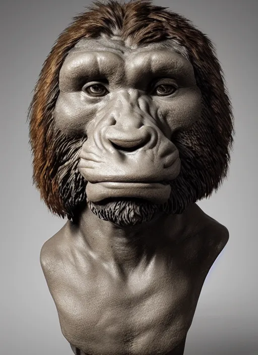 Image similar to a bust sculpture of a neandertal with animal face features, detailed, anatomically correct, ceramic base, orthographic, studio lighting, expresive