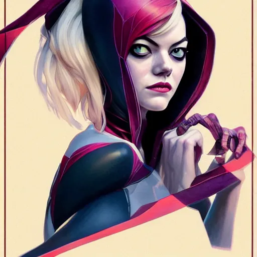 Image similar to beautiful Emma Stone as Spider-Gwen, western, closeup, D&D, fantasy, intricate, elegant, highly detailed, digital painting, artstation, concept art, matte, sharp focus, illustration, art by Artgerm and Greg Rutkowski and Alphonse Mucha