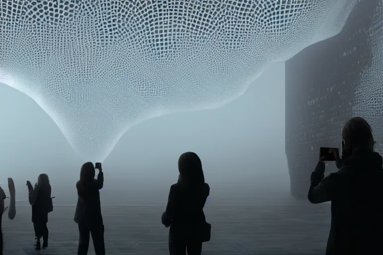 Prompt: tourists taking a photo of a complex organic fractal 3 d ceramic humanoid megastructure, cinematic shot, foggy, photo still from movie by denis villeneuve