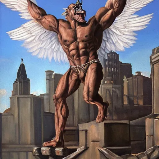 Prompt: an oil painting of a big, proud muscular Gargoyle, art by Greg Rutkovski, Renaissance Port City background, fangs, gray skin, angel wings, 1450