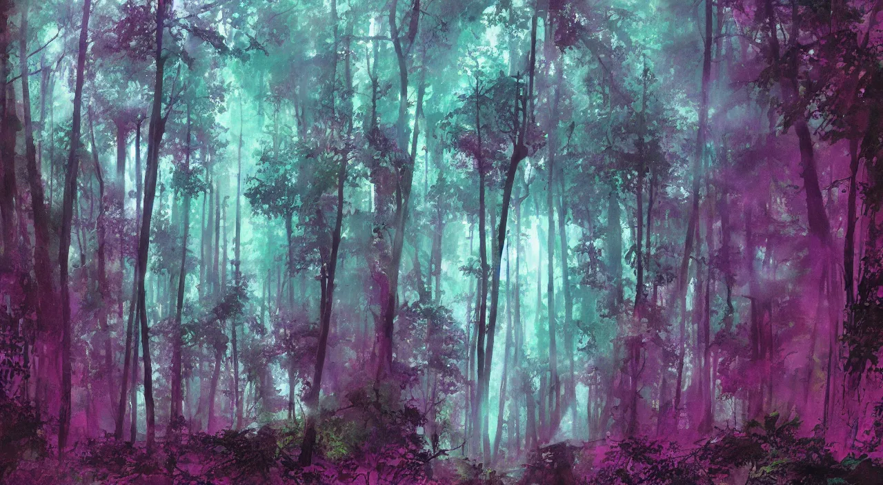 Image similar to forest mist sun beams mysterious scary deep dark hyper realistic detailed illustration by jack kirby concept art graphic novel matte painting magenta teal