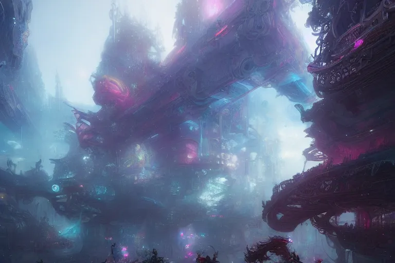 Image similar to a psychedelic realm at the edge of existence where intensely creative astral beings live, in the style of wlop and ruan jia, illustration, epic, fantasy, hyper detailed, smooth, unreal engine, sharp focus, ray tracing