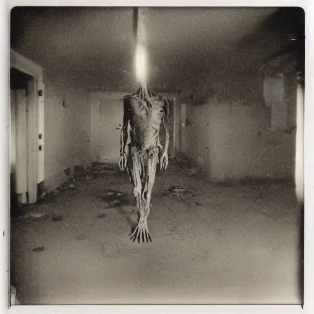 Image similar to found polaroid photo, flash, interior abandoned hospital, mutant creature standing