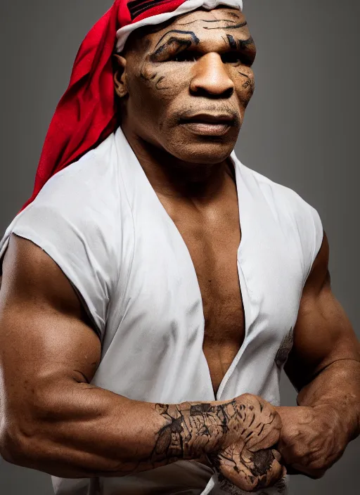 Prompt: mike tyson dressed in arab clothing, photohoot, set pieces, intricate set, vogue magazine, canon, highly realistic. high resolution. highly detailed. dramatic. 8 k. 4 k.