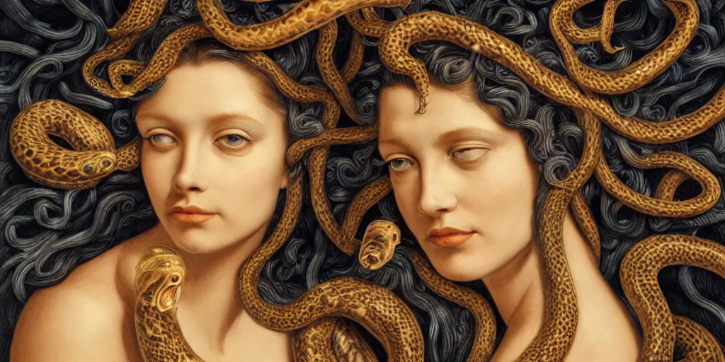 Image similar to realistic portrait of medusa with her snakes, golden, delicate, hyper realism, 1 4 5 0, ink, ultra realistic, 8 k