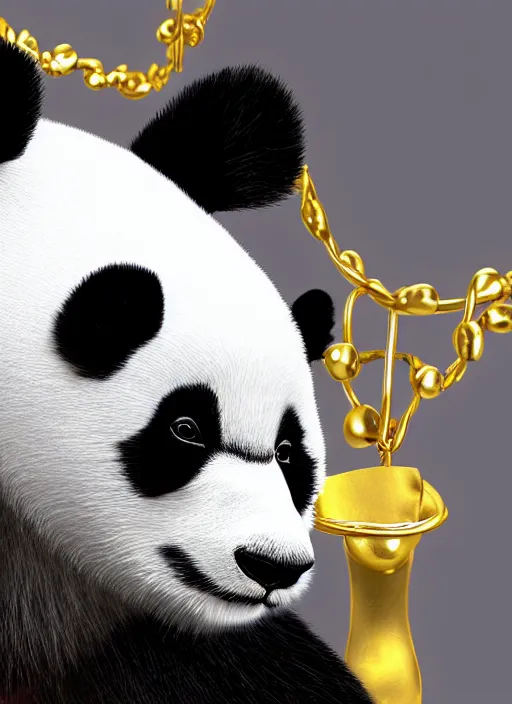 Image similar to photorealistic panda with a gold crown, with a gold necklace, 4k, high fidelity, studio lightning