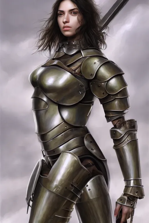 Image similar to a photorealistic painted portrait of an attractive young girl, partially clothed in metal-plated battle armor, olive skin, long dark hair, flawless skin, beautiful bone structure, perfectly symmetric facial features, perfect photorealistic eyes, natural physique, intricate, elegant, digital painting, concept art, finely detailed, beautifully illustrated, sharp focus, minimal artifacts, from Metal Gear, by Ruan Jia and Mandy Jurgens and Artgerm and William-Adolphe Bouguerea, in the style of Greg Rutkowski, trending on Artstation, award winning art