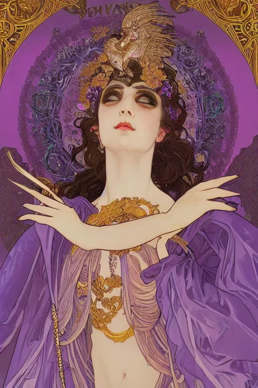 Prompt: thanatos, beautiful male god of death, closed eyes, long hair, wearing ornate silk and lace clothes, gold jewelry, moon, purple feathers, by Alphonse Mucha, by artgerm, rule of thirds, super detailed, 8k