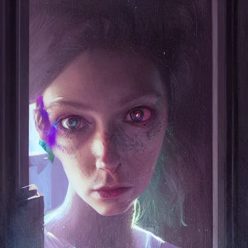 Prompt: green eyes looking through the window in darkness, horror, by greg rutkowski, wlop and lisa frank, illustration, fantasy, hyper detailed, unreal engine, sharp focus, ray tracing