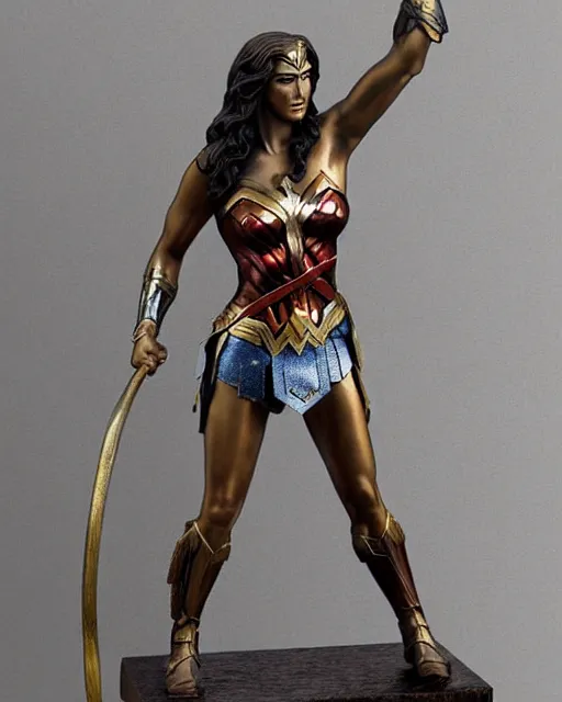 Image similar to a beautiful bronze statue of wonder woman, ancient greece, photorealistic, atmospheric