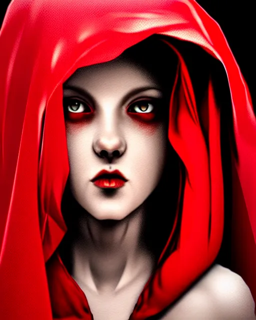 Image similar to hyperrealistic mixed media painting of beautiful little Red Riding Hood, pale smooth skin, full body, crimson red hooded robes, shadowy wolf in background, stunning 3d render inspired art by P. Craig Russell and Barry Windsor-Smith + perfect facial symmetry + dim volumetric lighting, 8k octane beautifully detailed render, post-processing, extremely hyperdetailed, intricate, epic composition, grim yet sparkling atmosphere, cinematic lighting + masterpiece, trending on artstation, very very detailed, masterpiece, stunning