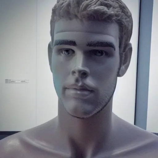 Image similar to “ a realistic detailed photo of a guy who is an attractive humanoid who is half robot and half humanoid, who is a male android, actor liam hemsworth, shiny skin, posing like a statue, blank stare, at the museum, on display ”