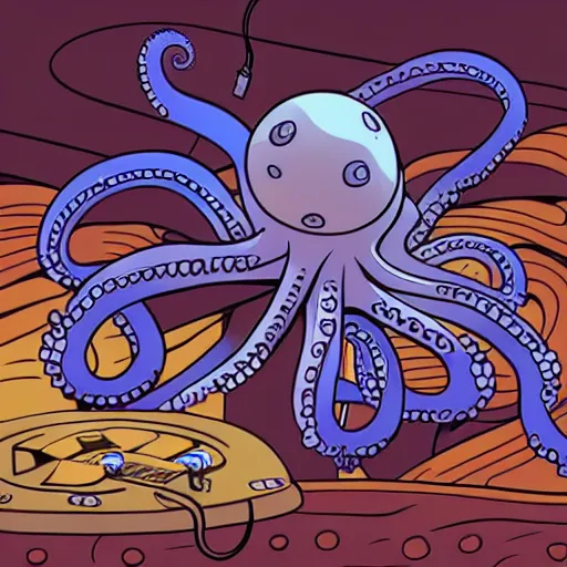 Prompt: detailed, intricate, colour, comic style illustration of a robotic octopus with audio jack cable tentacles, inside a huge music studio cave