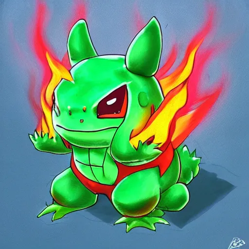 Prompt: a red bulbasaur with fire powers, painting, realistic
