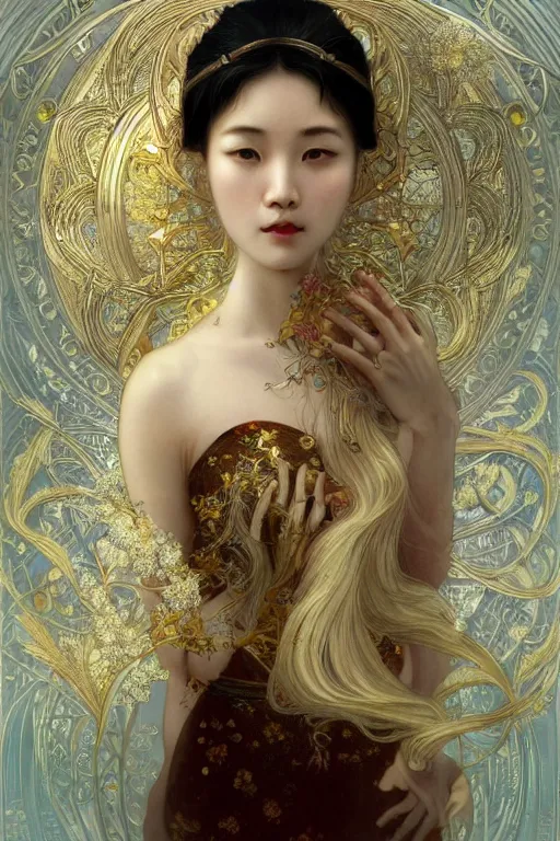 Image similar to beautiful asian girl, blonde hair, gold, god, white hair, 1 9 2 0 s fashion, fantasy, highly detailed, intricate, ethereal, highly detailed, sharp focus, artstation, digital painting, horror art, art by alphonse mucha, cedric peyravernay, tom bagshaw