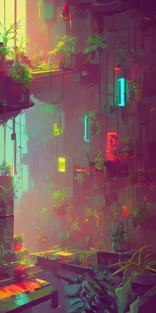 Prompt: interior of a room with a lush windowsill with plants on it, neon signs outside, detailed digital concept art by anton fadeev, John Howe, and marc simonetti, trending on artstation