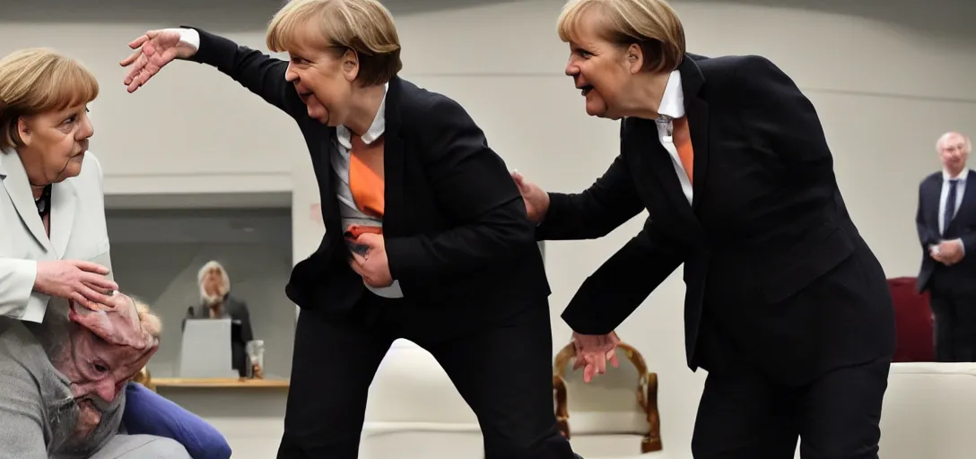 Image similar to fight between voldemord and angela merkel