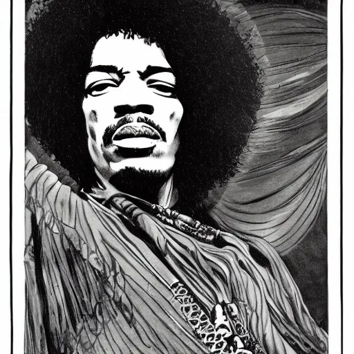 Image similar to artwork by Franklin Booth showing a portrait of Jimi Hendrix