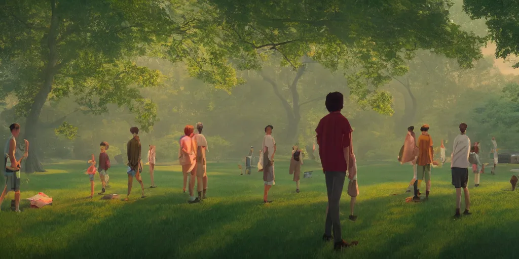 Image similar to a film still of a open air kino in central park new york, wide shot, waist up, wes anderson, studio ghibli, pixar and disney animation, sharp, rendered in unreal engine 5, anime key art by greg rutkowski, bloom, dramatic lighting