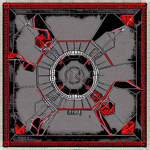Image similar to dnd battle map of a hell vault, top - down view, red and black theming