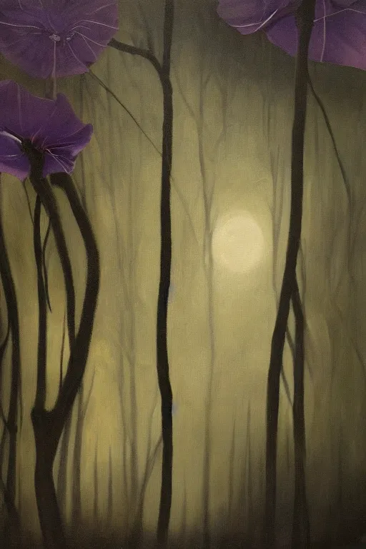Prompt: moody painting of purple morning glories growing in a forest dimly lit at night. foggy volumetric darkness, muted colour palette oil painting on canvas caravaggio
