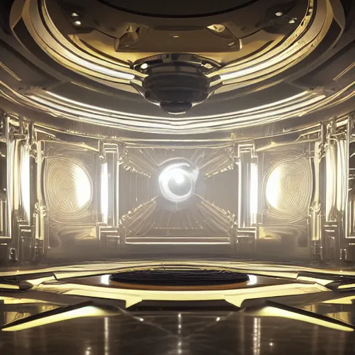 Image similar to a spaceship beaming a light underneath, lasers all over the scene, strobe lights, golden floor, lavish, luxurious, marble walls, cinematic, hyper realism, high detail, octane render, 8 k
