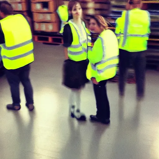 Image similar to photo, close up, emma watson in a hi vis vest, in warehouse, android cameraphone, 2 6 mm, low resolution,