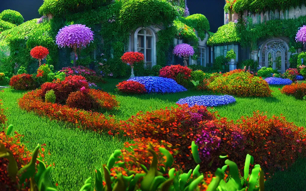 Image similar to a sprawling garden with many flowers and vines, sunny day, beautiful lighting, vivid colors!, highly detailed, cinematic, octane render, 4 k, trending on artstation, deviantart featured